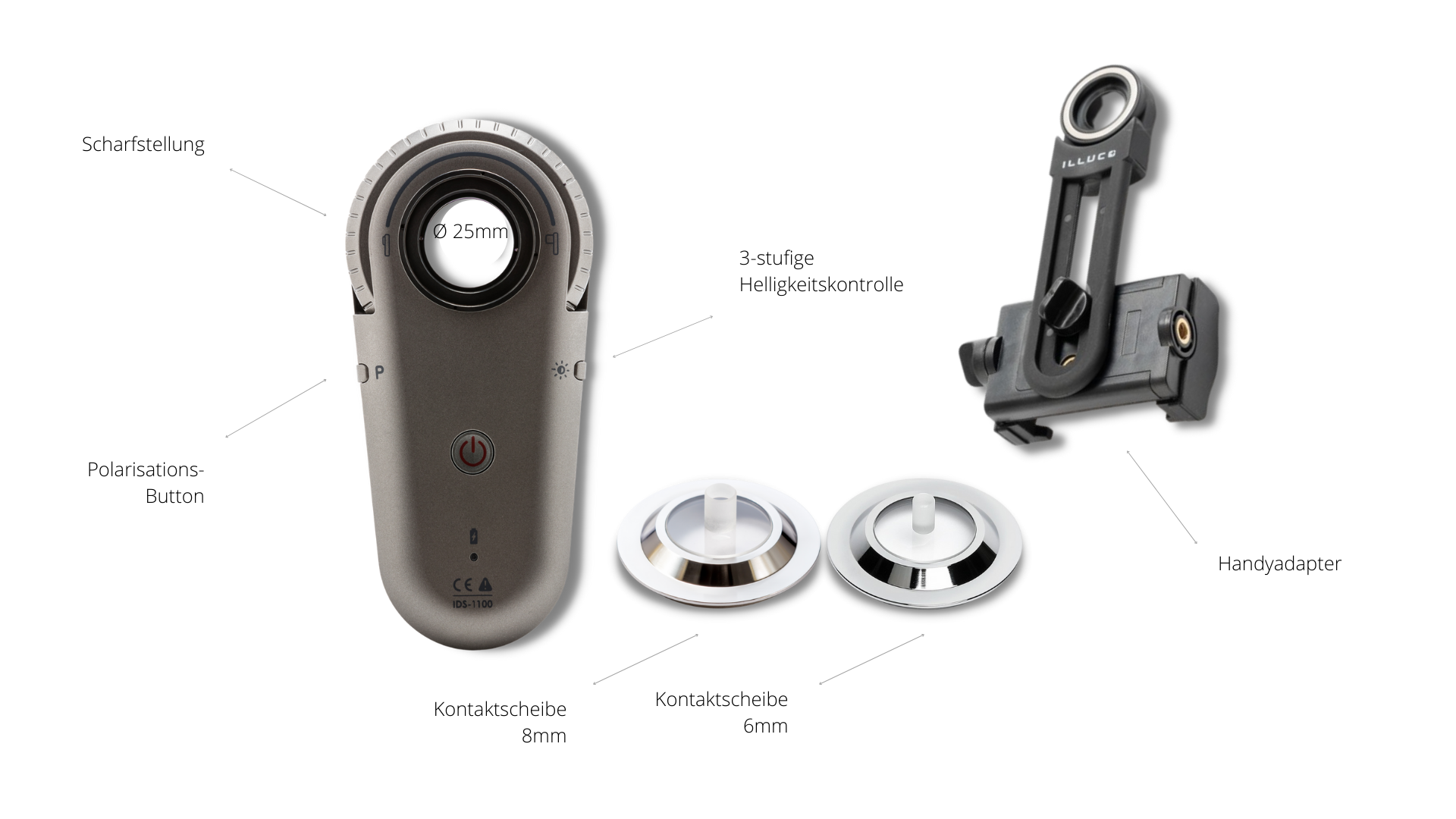 Illuco IDS-1100 Handdermatoskop mit Polarisation Kontaktscheiben Handyadapter