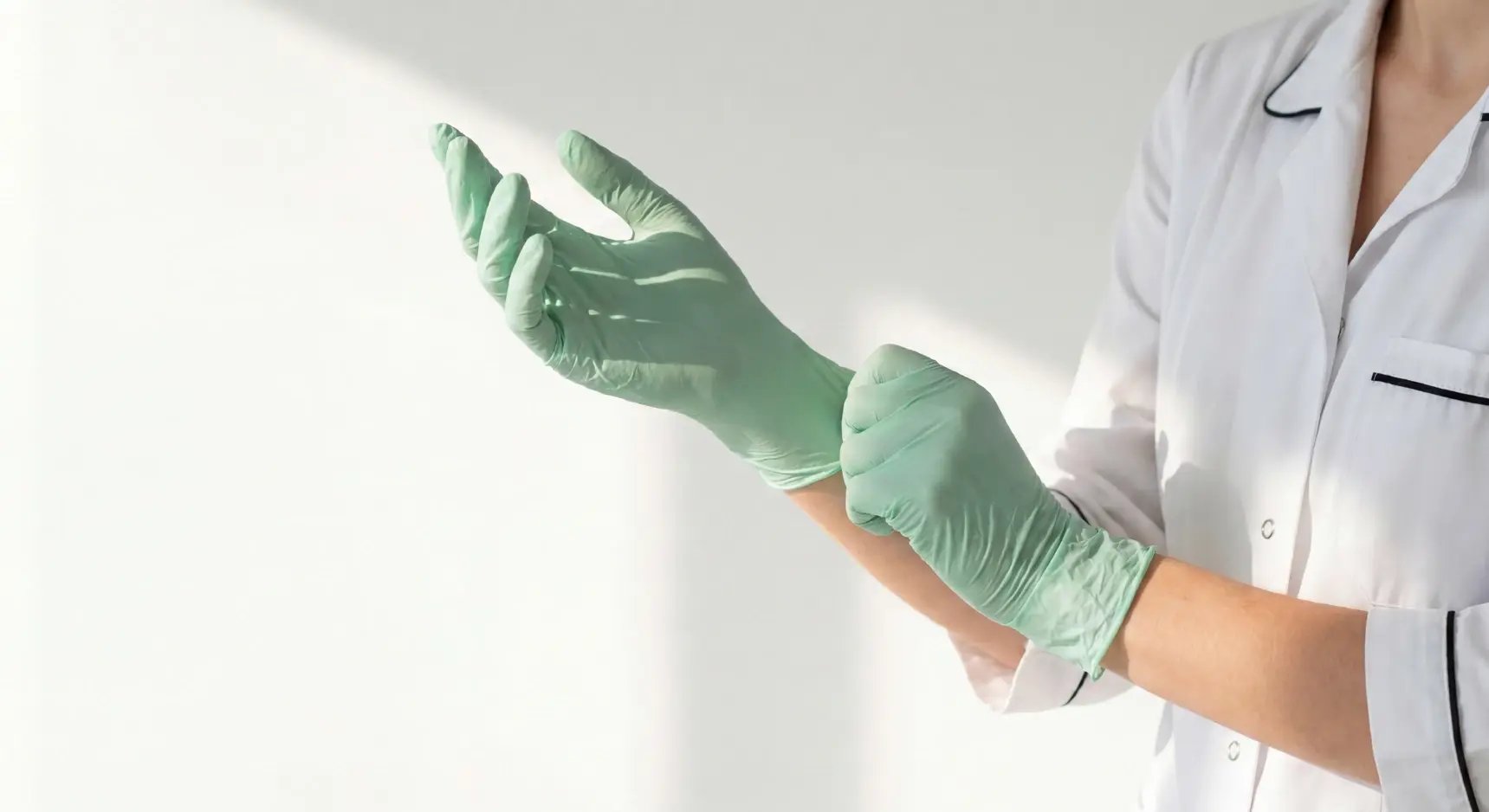 Medizinische Handschuhe anziehen in grün